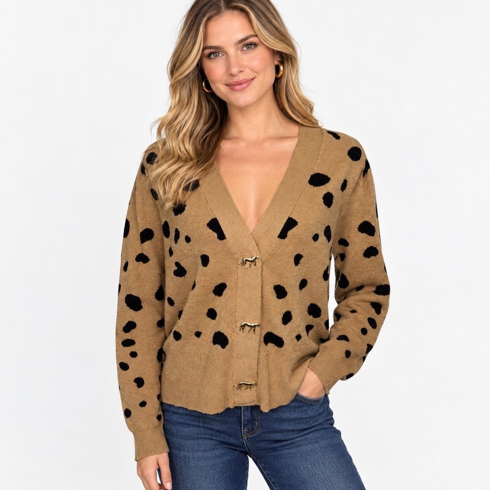 NWT Crown & Ivy Leopard Print Cardigan L Large Tan Black Cheetah Gold Buttons